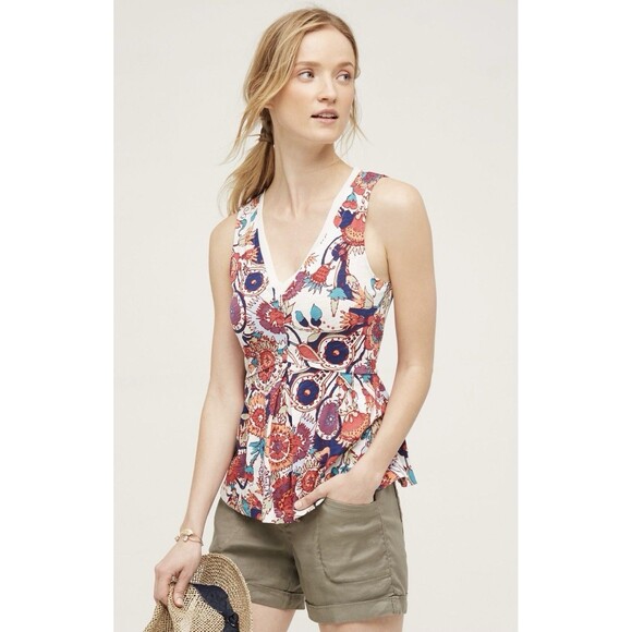 DELETTA  Anthropologie Amalia Colorful Sleeveless Floral Cotton Top Medium - Picture 1 of 14